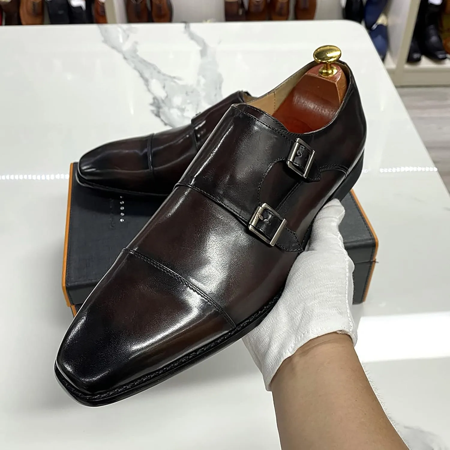 Men Wedding Dress Loafers Leather Brogues Slip On Moccasins Double Buckle Monk Shoe Office Formal Shoes,Blue-46