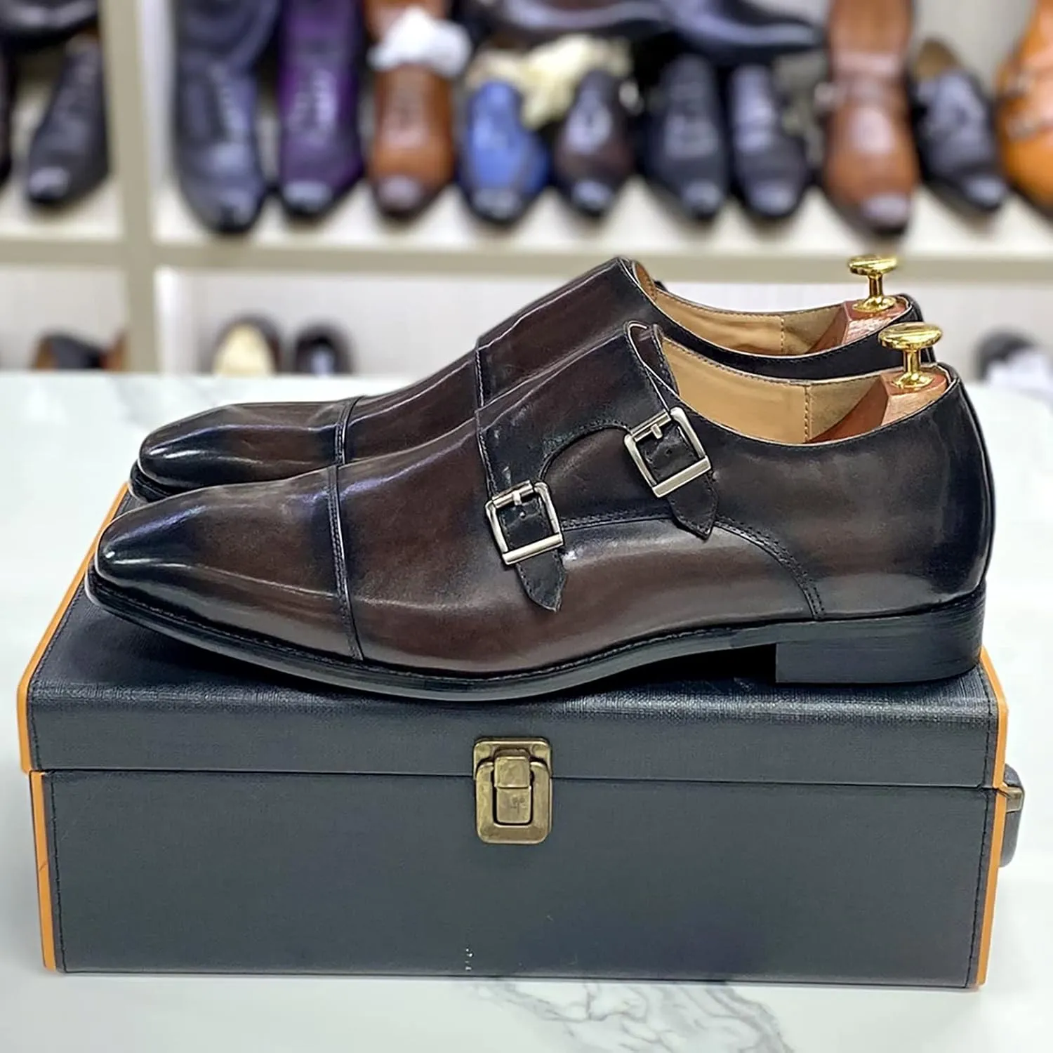 Men Wedding Dress Loafers Leather Brogues Slip On Moccasins Double Buckle Monk Shoe Office Formal Shoes,Blue-46