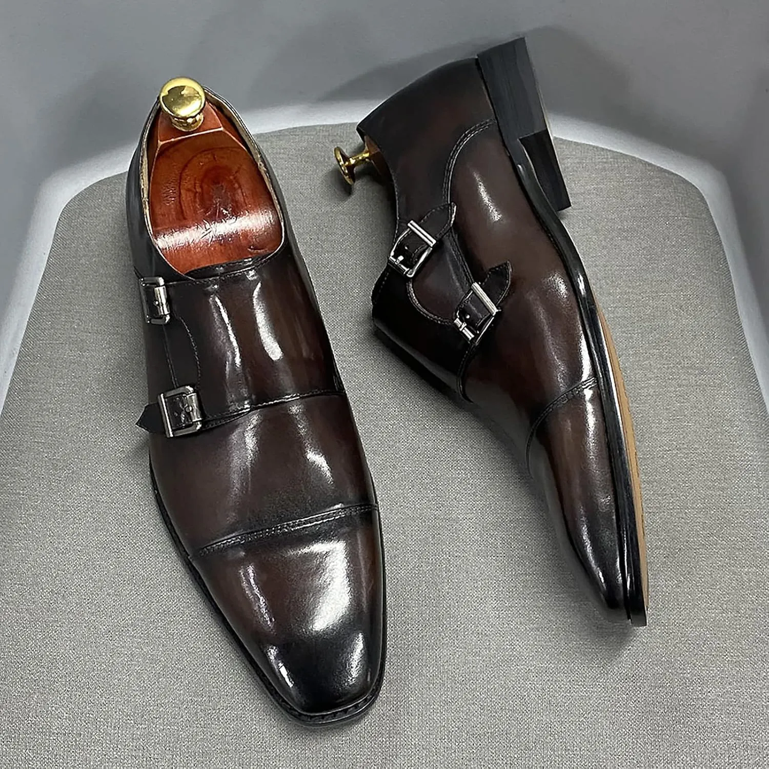 Men Wedding Dress Loafers Leather Brogues Slip On Moccasins Double Buckle Monk Shoe Office Formal Shoes,Blue-46
