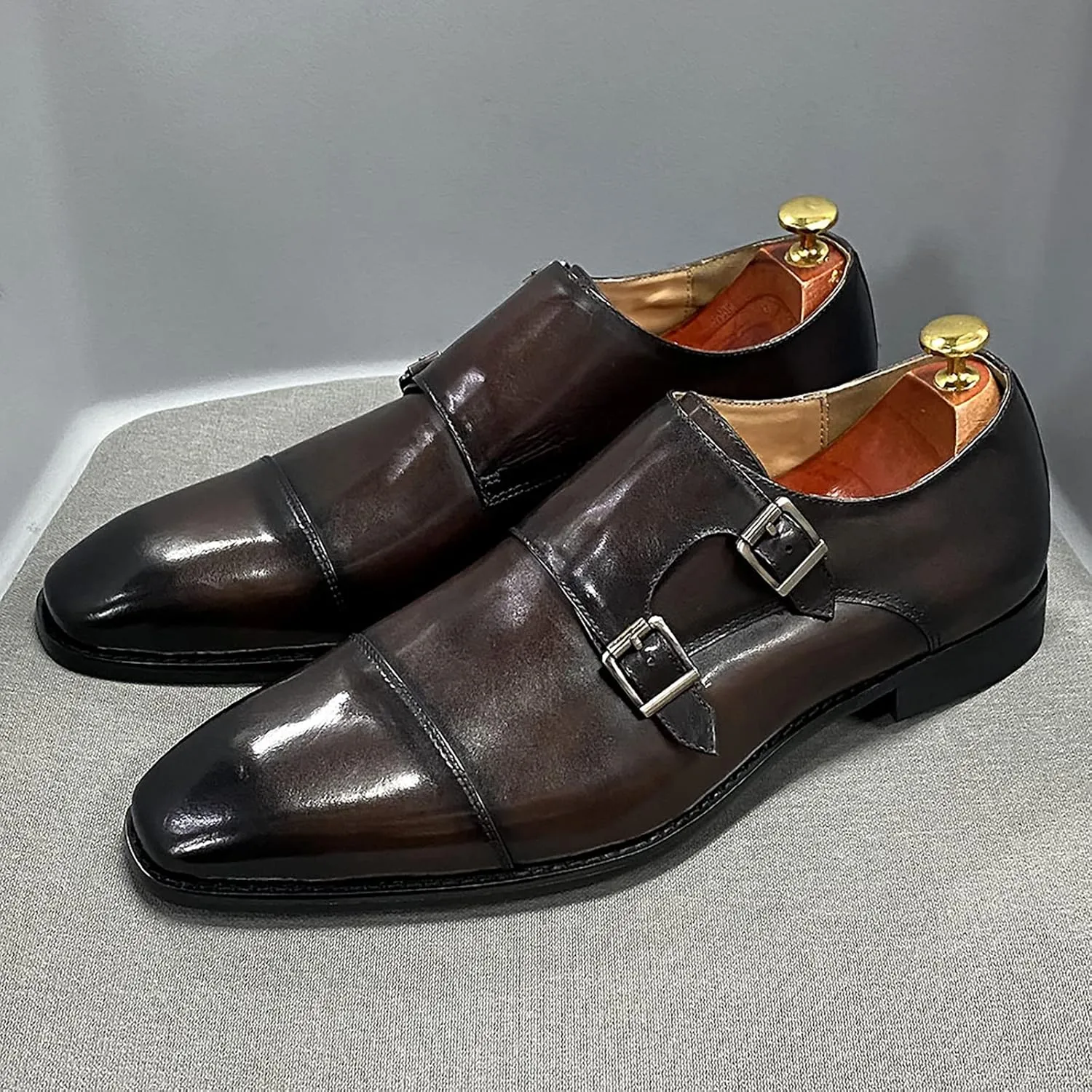 Men Wedding Dress Loafers Leather Brogues Slip On Moccasins Double Buckle Monk Shoe Office Formal Shoes,Blue-46