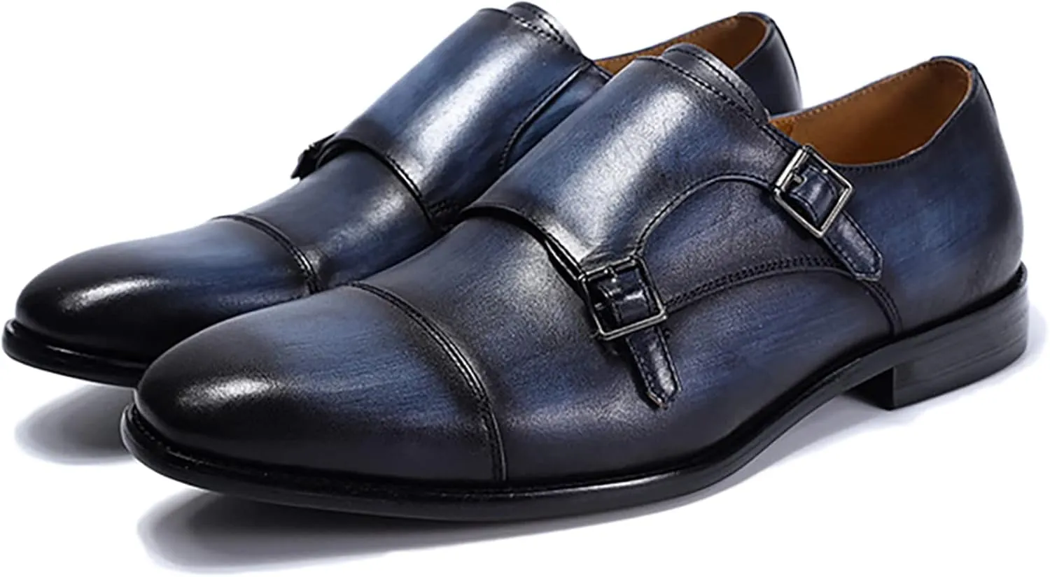 Men Wedding Dress Loafers Leather Brogues Slip On Moccasins Double Buckle Monk Shoe Office Formal Shoes,Blue-46