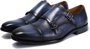 Men Wedding Dress Loafers Leather Brogues Slip On Moccasins Double Buckle Monk Shoe Office Formal Shoes,Blue-46