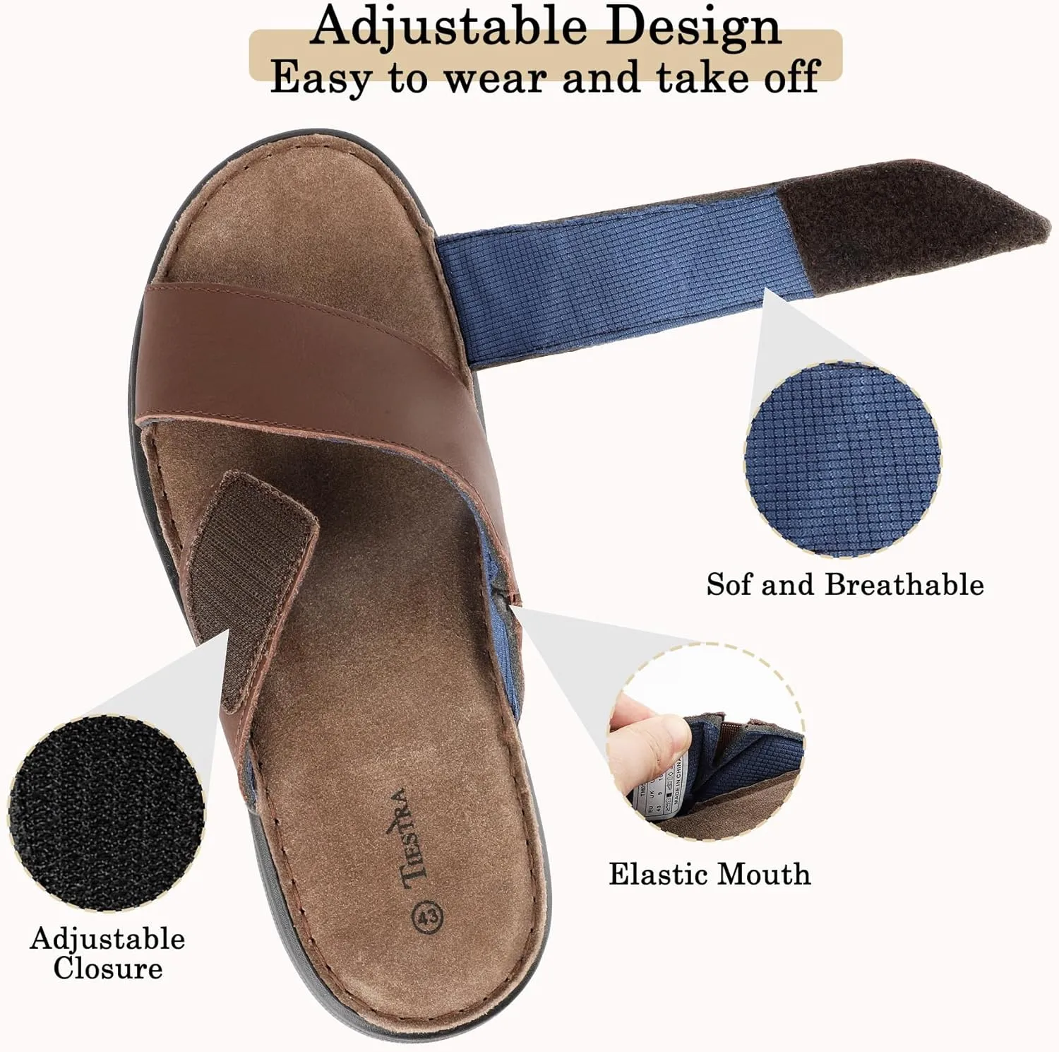 Mens Adjustable Slides Cross Genuine Napa Leather Open Toe Sandals Soft Memory Foam Slip On Sandlas Classic Dress Slides Summer Beach Comfy Slippers Rubber Non Slip Sole