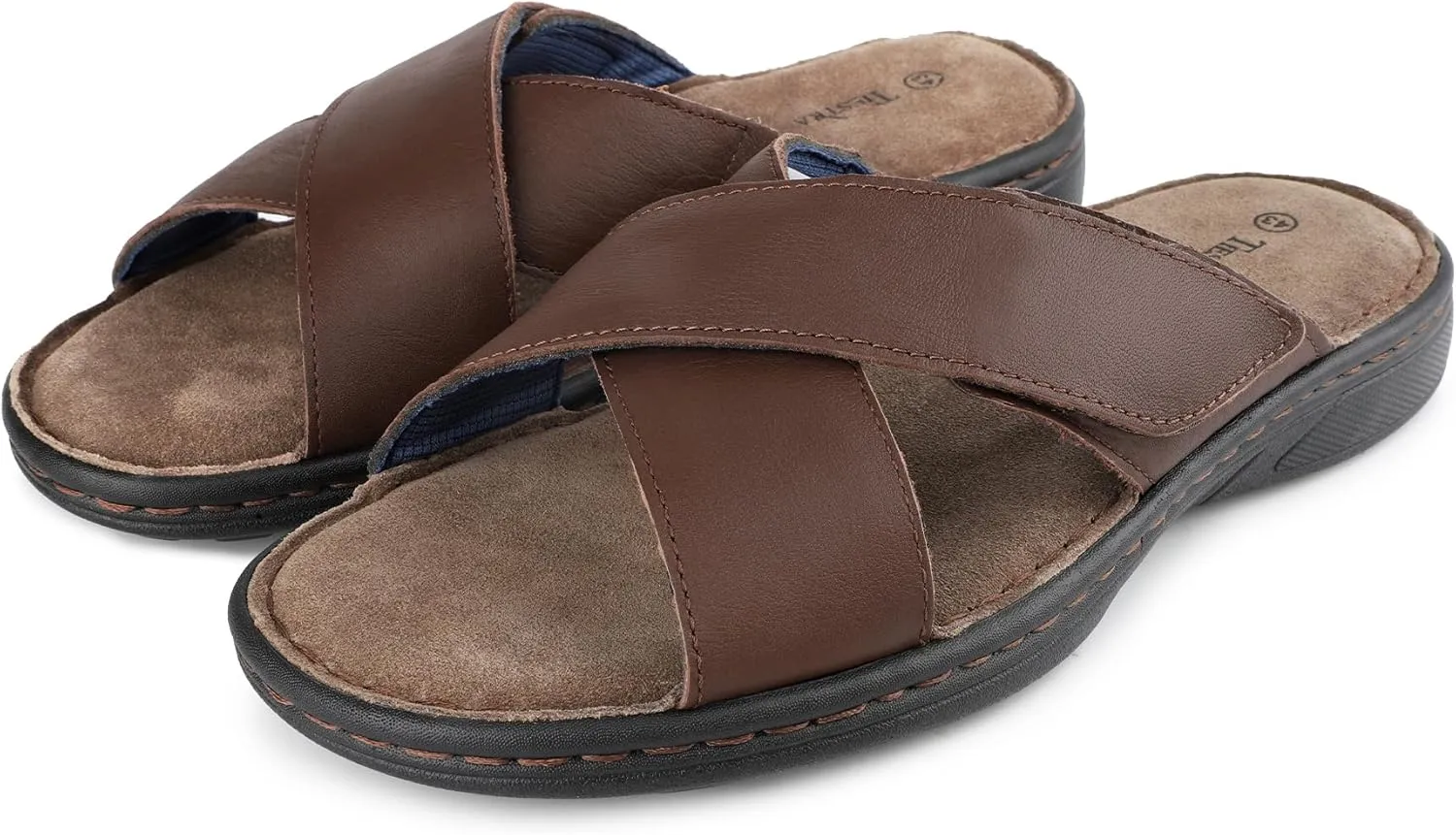 Mens Adjustable Slides Cross Genuine Napa Leather Open Toe Sandals Soft Memory Foam Slip On Sandlas Classic Dress Slides Summer Beach Comfy Slippers Rubber Non Slip Sole