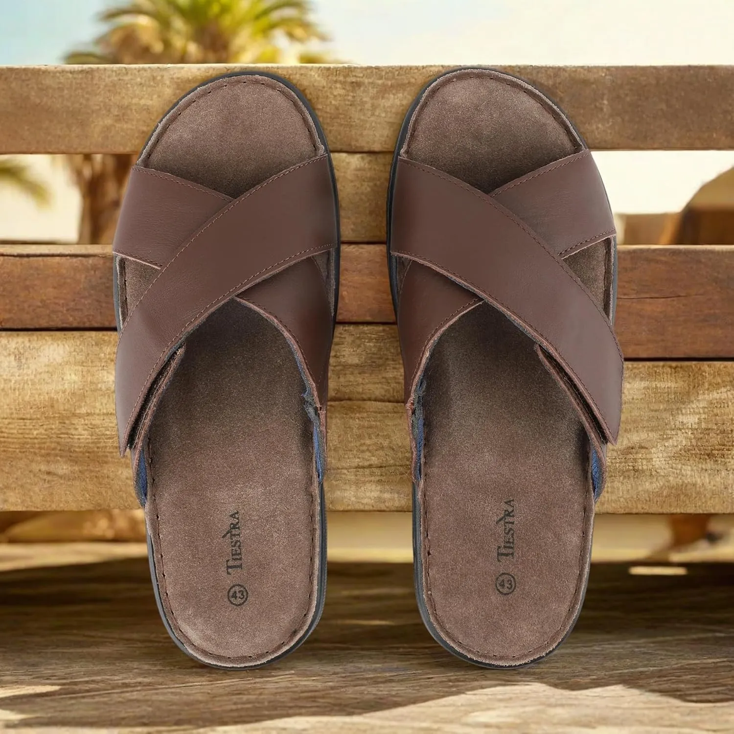 Mens Adjustable Slides Cross Genuine Napa Leather Open Toe Sandals Soft Memory Foam Slip On Sandlas Classic Dress Slides Summer Beach Comfy Slippers Rubber Non Slip Sole