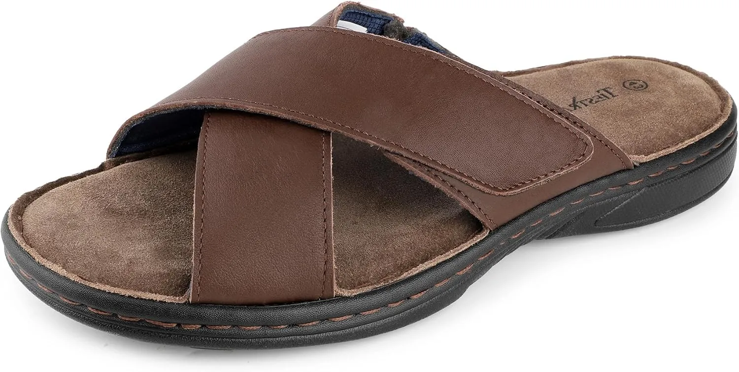 Mens Adjustable Slides Cross Genuine Napa Leather Open Toe Sandals Soft Memory Foam Slip On Sandlas Classic Dress Slides Summer Beach Comfy Slippers Rubber Non Slip Sole