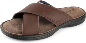 Mens Adjustable Slides Cross Genuine Napa Leather Open Toe Sandals Soft Memory Foam Slip On Sandlas Classic Dress Slides Summer Beach Comfy Slippers Rubber Non Slip Sole
