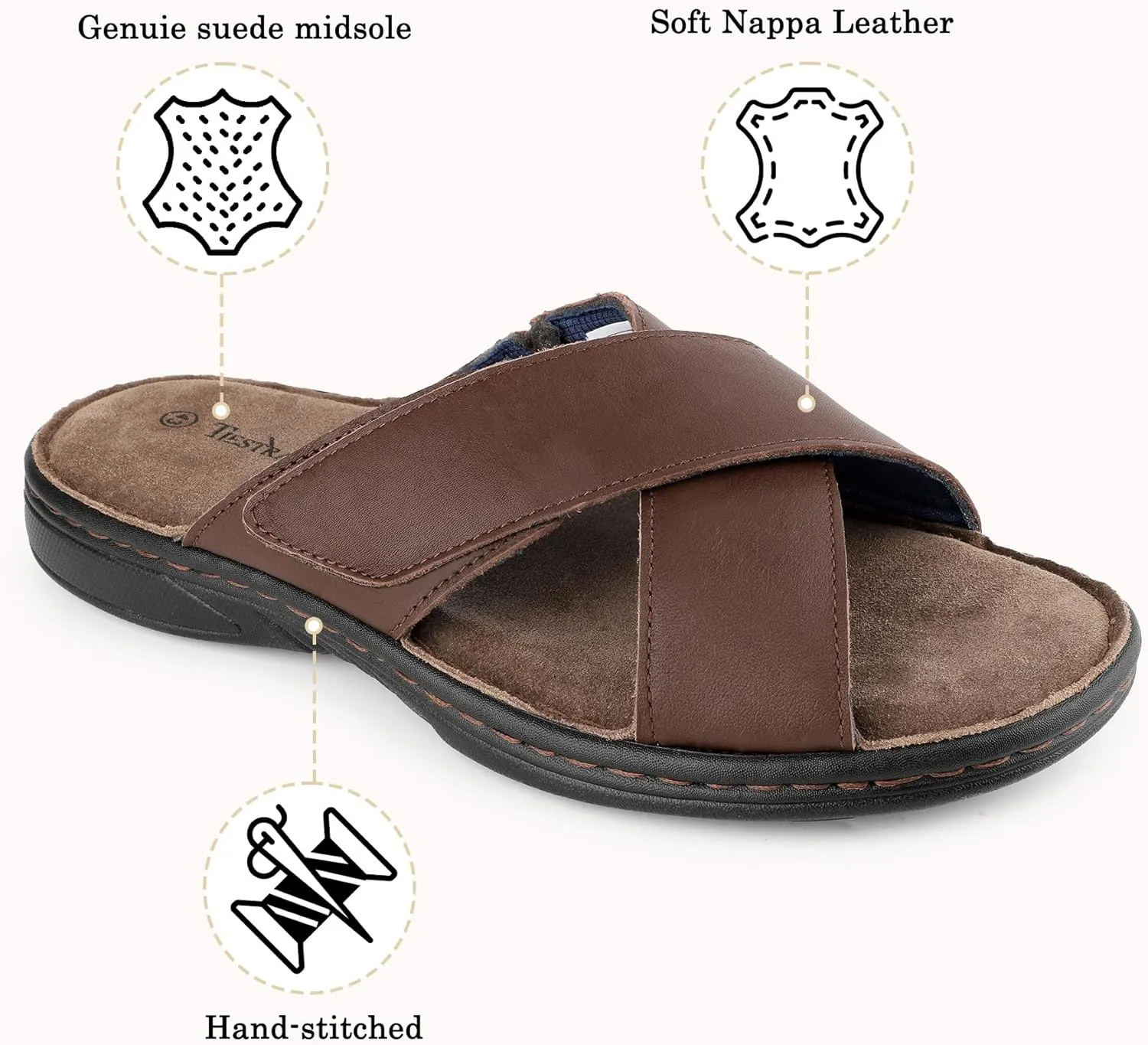 Mens Adjustable Slides Cross Genuine Napa Leather Open Toe Sandals Soft Memory Foam Slip On Sandlas Classic Dress Slides Summer Beach Comfy Slippers Rubber Non Slip Sole