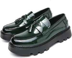 Men's Black Soft Patent Leather Platform Chunky Heel Loafers Fashion Tassel Business Casual Formal Work Shoes Non-Slip Lug Sole Slip-On Penny Loafers