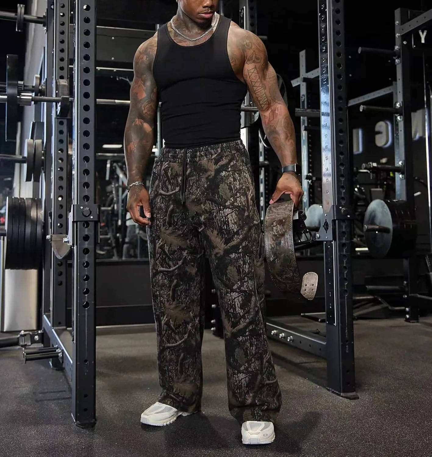 Mens Camo Graphic Leaf Print Baggy Sweatpants Joggers Casual Elastic Waist Wide Leg Trousers Y2K Streetwear Pants