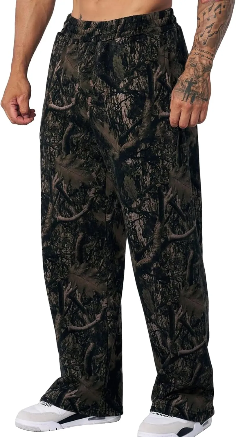 Mens Camo Graphic Leaf Print Baggy Sweatpants Joggers Casual Elastic Waist Wide Leg Trousers Y2K Streetwear Pants