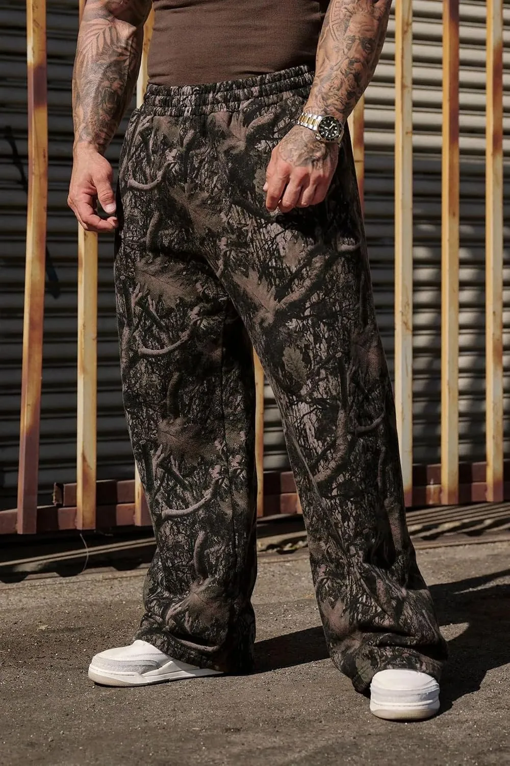 Mens Camo Graphic Leaf Print Baggy Sweatpants Joggers Casual Elastic Waist Wide Leg Trousers Y2K Streetwear Pants