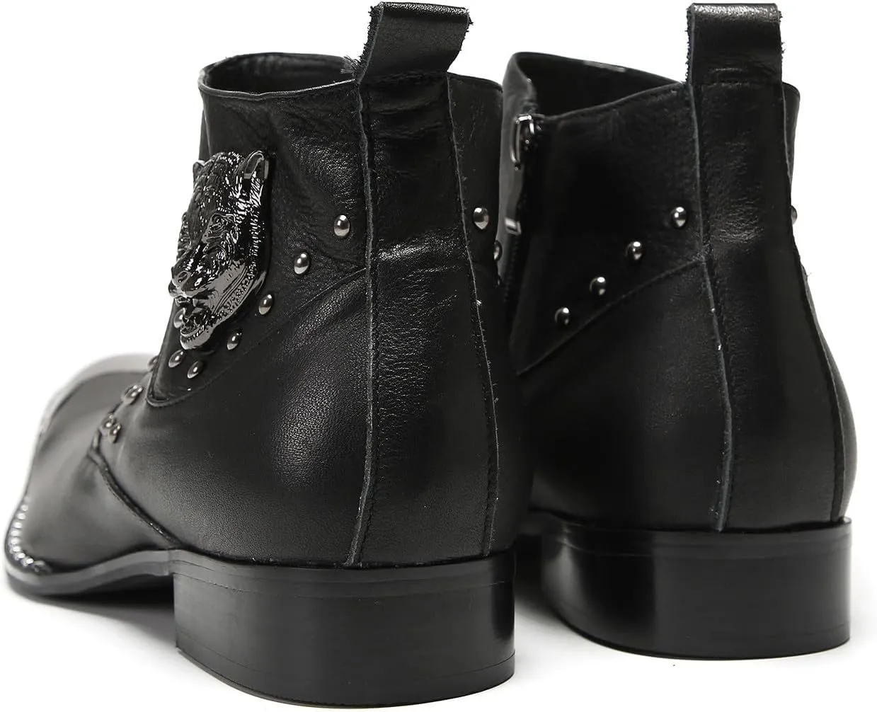 Mens Chelsea Boots Casual Dress Party Ankle Western Boots Genuine Leather Matel Sqaure Toe Wedding Prom Zipper Beads Cowboy Chukka Boots