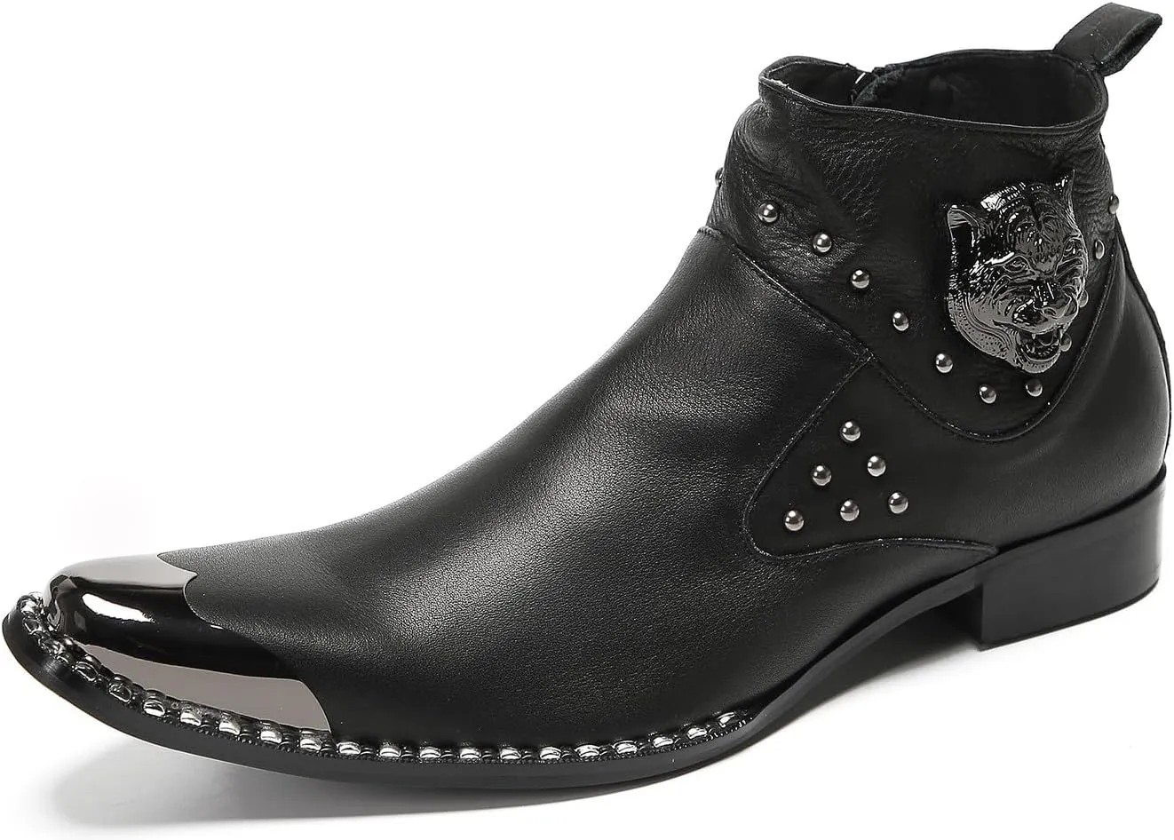 Mens Chelsea Boots Casual Dress Party Ankle Western Boots Genuine Leather Matel Sqaure Toe Wedding Prom Zipper Beads Cowboy Chukka Boots