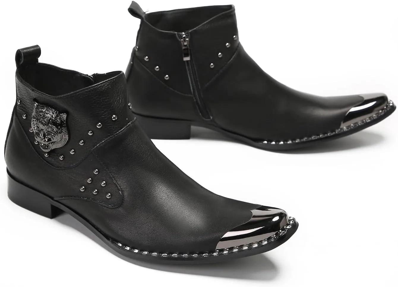 Mens Chelsea Boots Casual Dress Party Ankle Western Boots Genuine Leather Matel Sqaure Toe Wedding Prom Zipper Beads Cowboy Chukka Boots