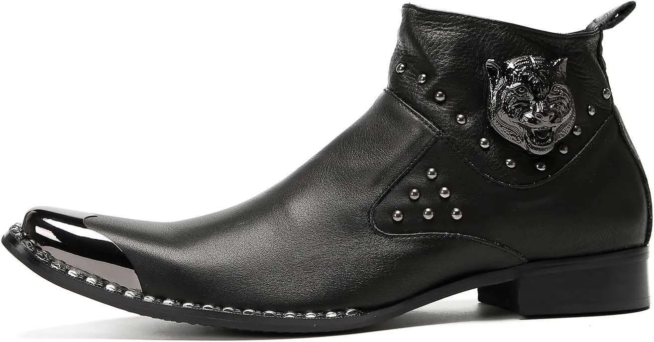 Mens Chelsea Boots Casual Dress Party Ankle Western Boots Genuine Leather Matel Sqaure Toe Wedding Prom Zipper Beads Cowboy Chukka Boots