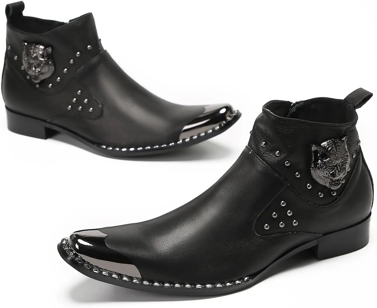 Mens Chelsea Boots Casual Dress Party Ankle Western Boots Genuine Leather Matel Sqaure Toe Wedding Prom Zipper Beads Cowboy Chukka Boots