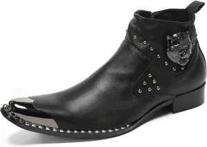 Mens Chelsea Boots Casual Dress Party Ankle Western Boots Genuine Leather Matel Sqaure Toe Wedding Prom Zipper Beads Cowboy Chukka Boots