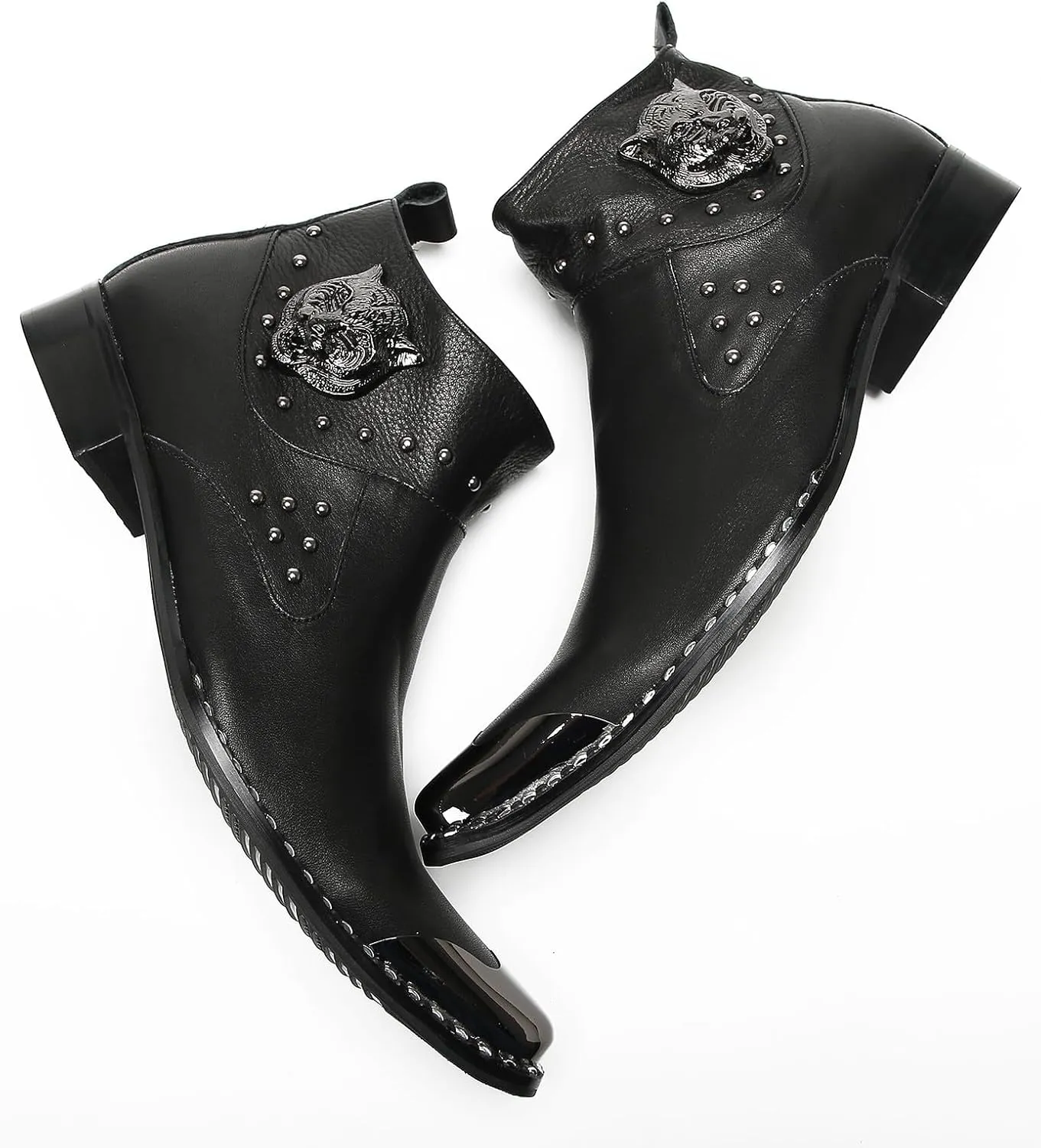 Mens Chelsea Boots Casual Dress Party Ankle Western Boots Genuine Leather Matel Sqaure Toe Wedding Prom Zipper Beads Cowboy Chukka Boots