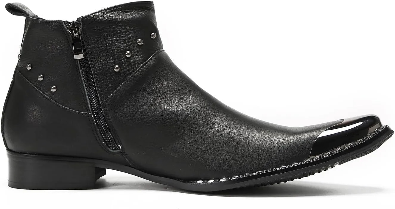 Mens Chelsea Boots Casual Dress Party Ankle Western Boots Genuine Leather Matel Sqaure Toe Wedding Prom Zipper Beads Cowboy Chukka Boots