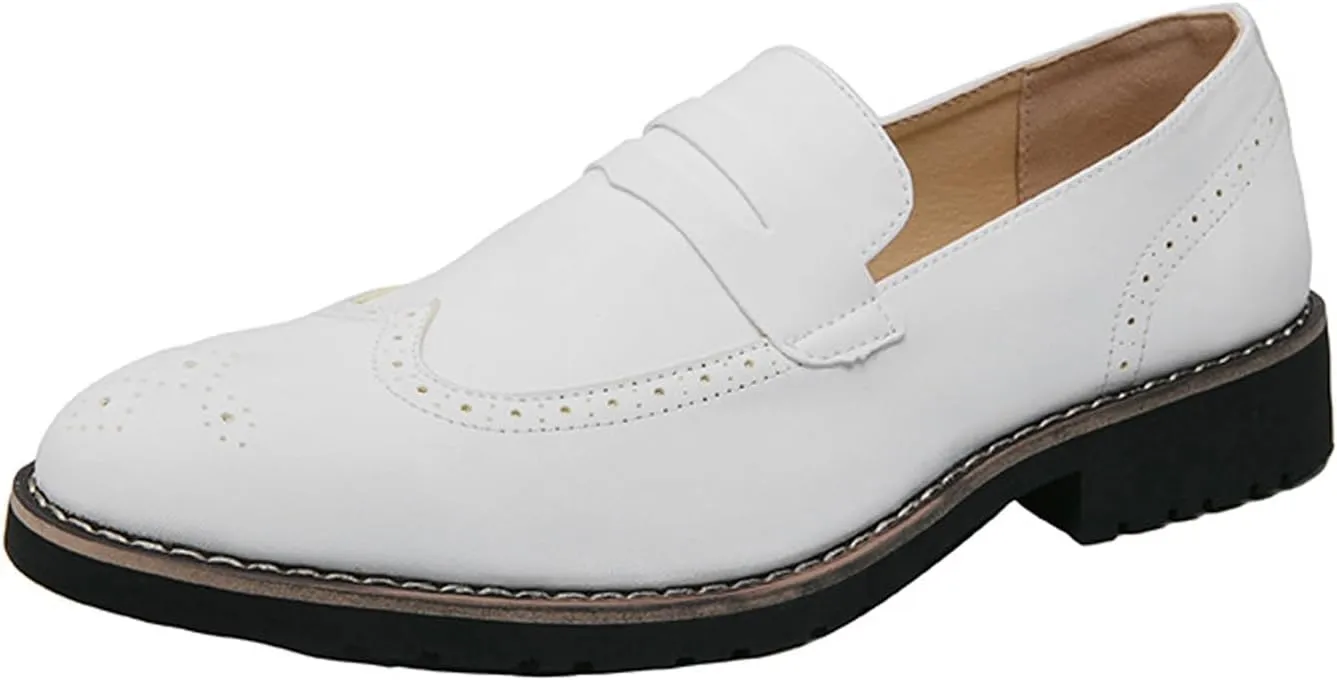 Mens Classic Handmade Leather Dress Shoes Fashion Brogue Wing Tip Comfort Slip-On Loafers Modern Business Formal Tuxedo Oxfords for Wedding Office Work