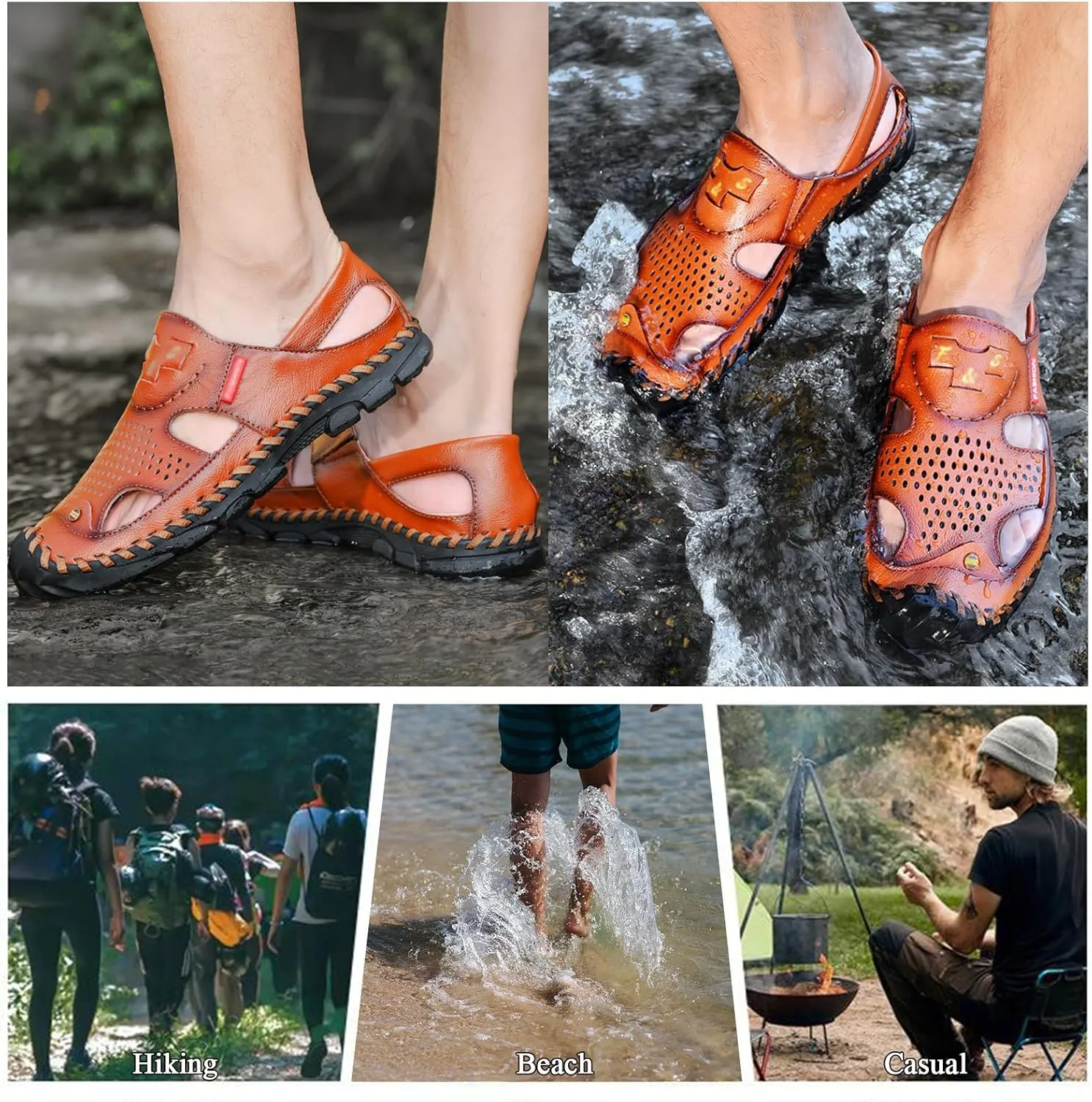 Men's Closed Toe Slip on Fisherman Sandal, Closed Toe Comfortable Leather Water Shoes, Non Slip Hiking Sandals for Travel Trekking Camping