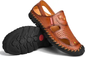 Men's Closed Toe Slip on Fisherman Sandal, Closed Toe Comfortable Leather Water Shoes, Non Slip Hiking Sandals for Travel Trekking Camping