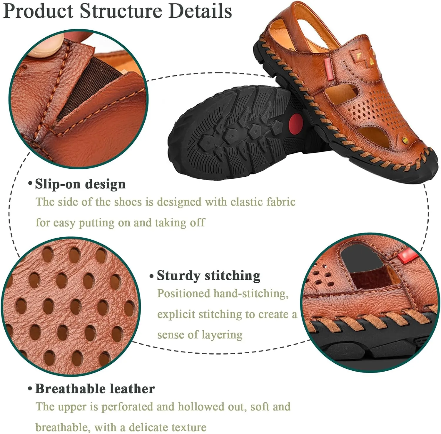 Men's Closed Toe Slip on Fisherman Sandal, Closed Toe Comfortable Leather Water Shoes, Non Slip Hiking Sandals for Travel Trekking Camping