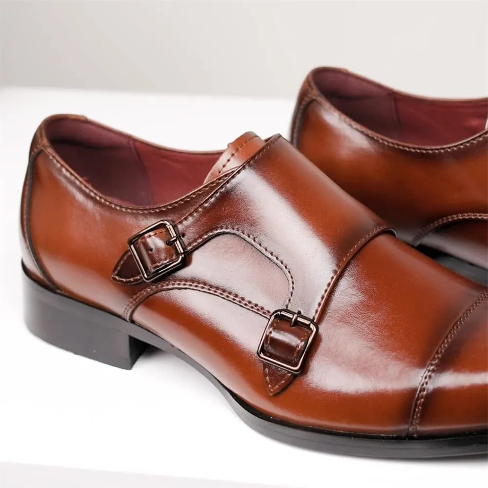 Mens Double Monk Strap Slip on Loafer Cap Toe Leather Oxford Formal Business Casual Dress Shoes for Men