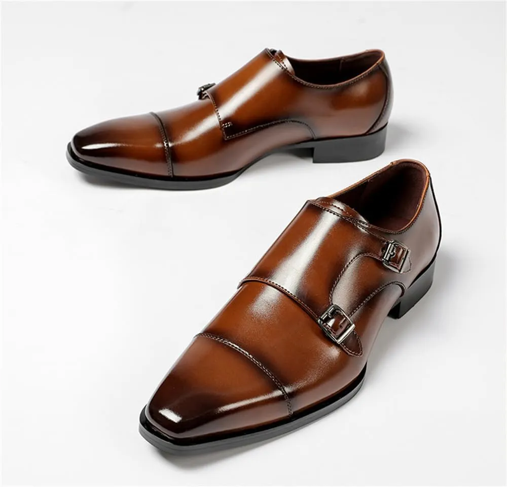 Mens Double Monk Strap Slip on Loafer Cap Toe Leather Oxford Formal Business Casual Dress Shoes for Men