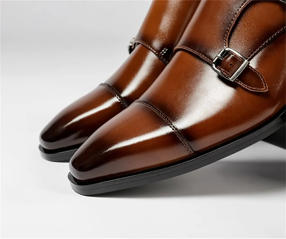 Mens Double Monk Strap Slip on Loafer Cap Toe Leather Oxford Formal Business Casual Dress Shoes for Men