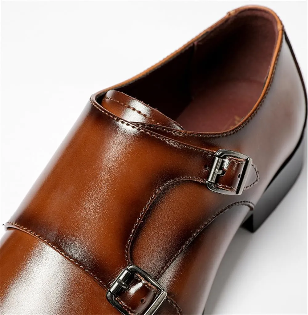 Mens Double Monk Strap Slip on Loafer Cap Toe Leather Oxford Formal Business Casual Dress Shoes for Men