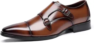 Mens Double Monk Strap Slip on Loafer Cap Toe Leather Oxford Formal Business Casual Dress Shoes for Men