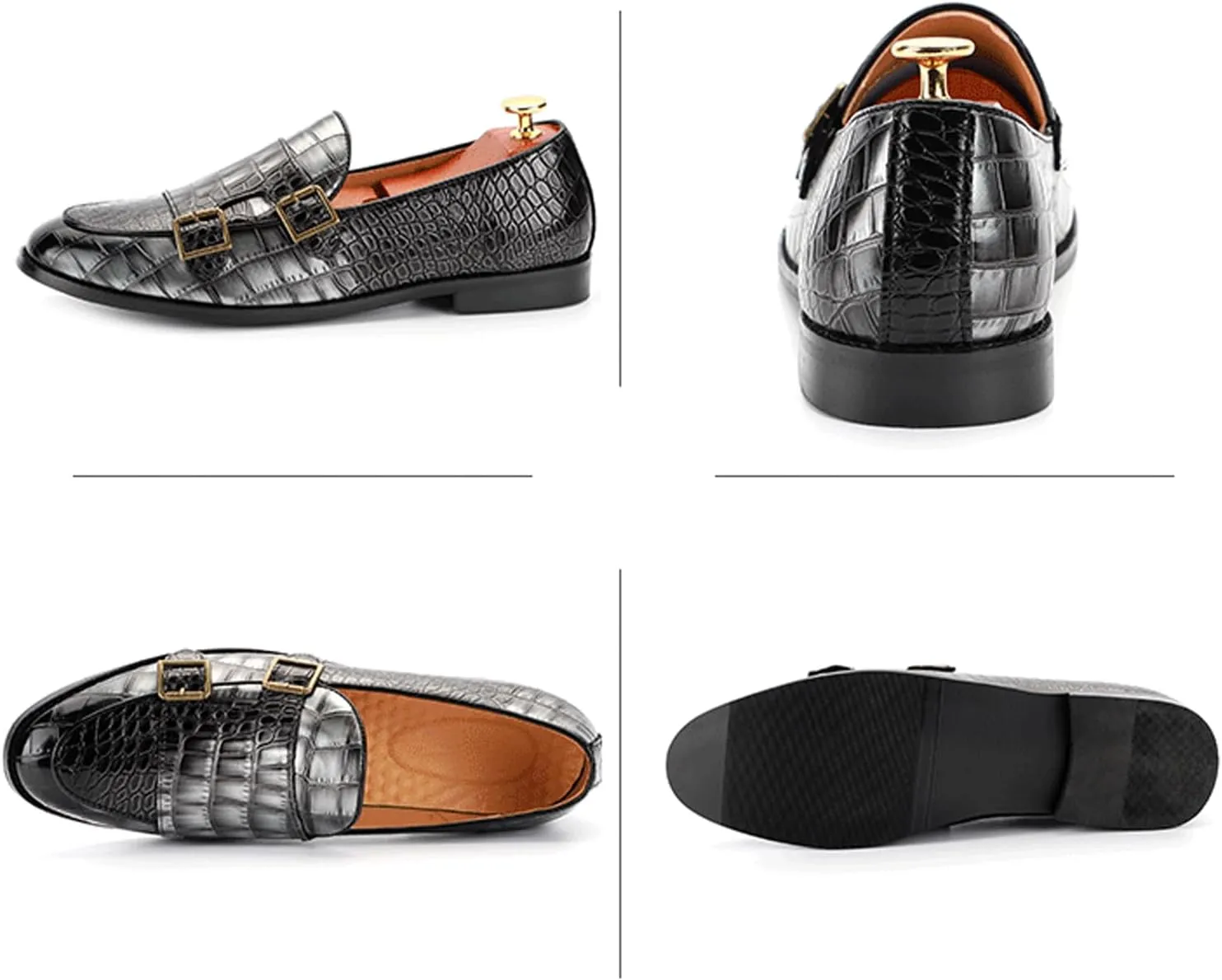 Men's Double Monk Strap Slip On Loafers Leather Formal Business Casual Comfortable Dress Shoes for Men