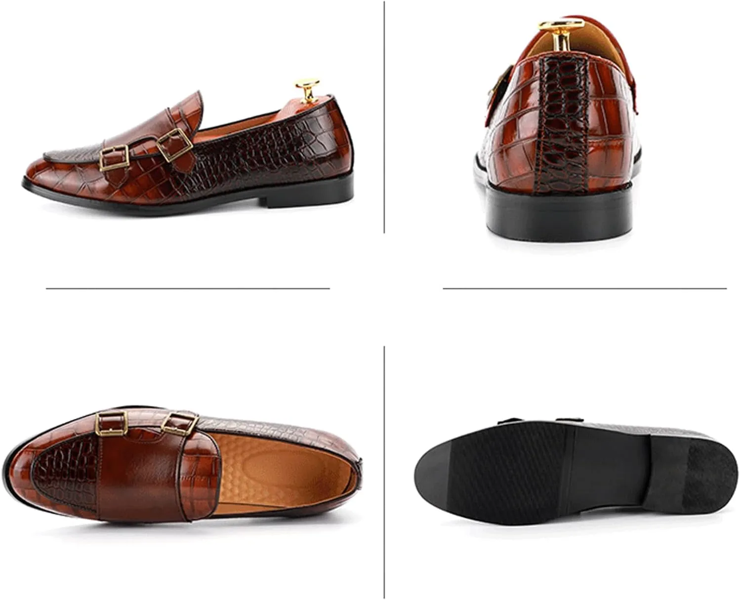 Men's Double Monk Strap Slip On Loafers Leather Formal Business Casual Comfortable Dress Shoes for Men
