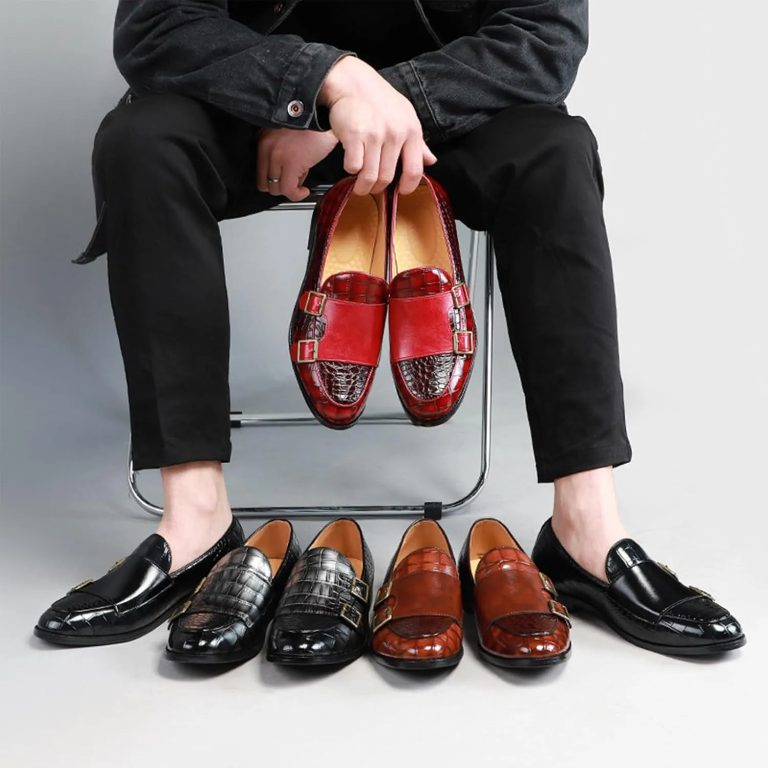 Men's Double Monk Strap Slip On Loafers Leather Formal Business Casual Comfortable Dress Shoes for Men