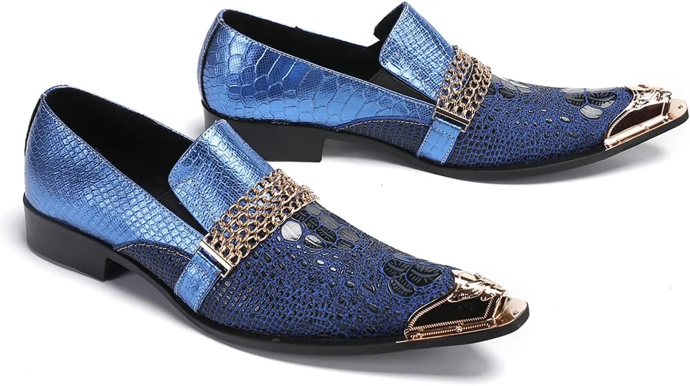 Men's Dress Loafers, Leather Slip-On Gold Chain Sparkling Shoes for Men -Party Disco Wedding Metallic Tip Smoking Slippers