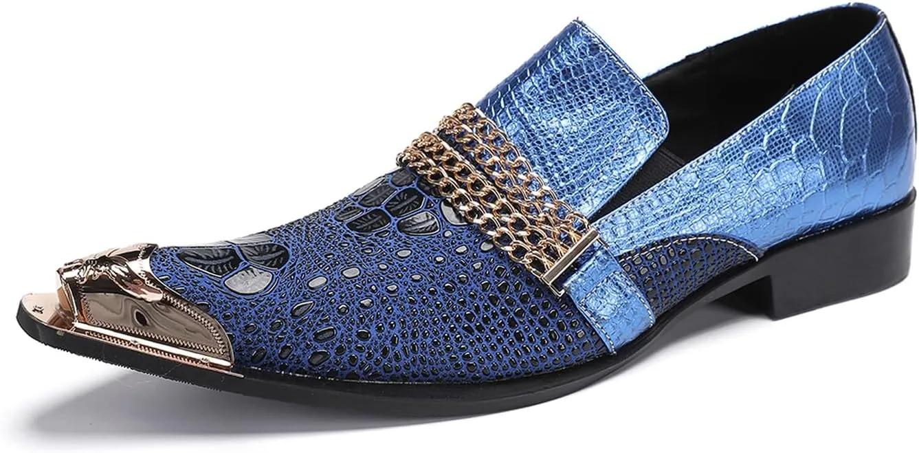 Men's Dress Loafers, Leather Slip-On Gold Chain Sparkling Shoes for Men -Party Disco Wedding Metallic Tip Smoking Slippers