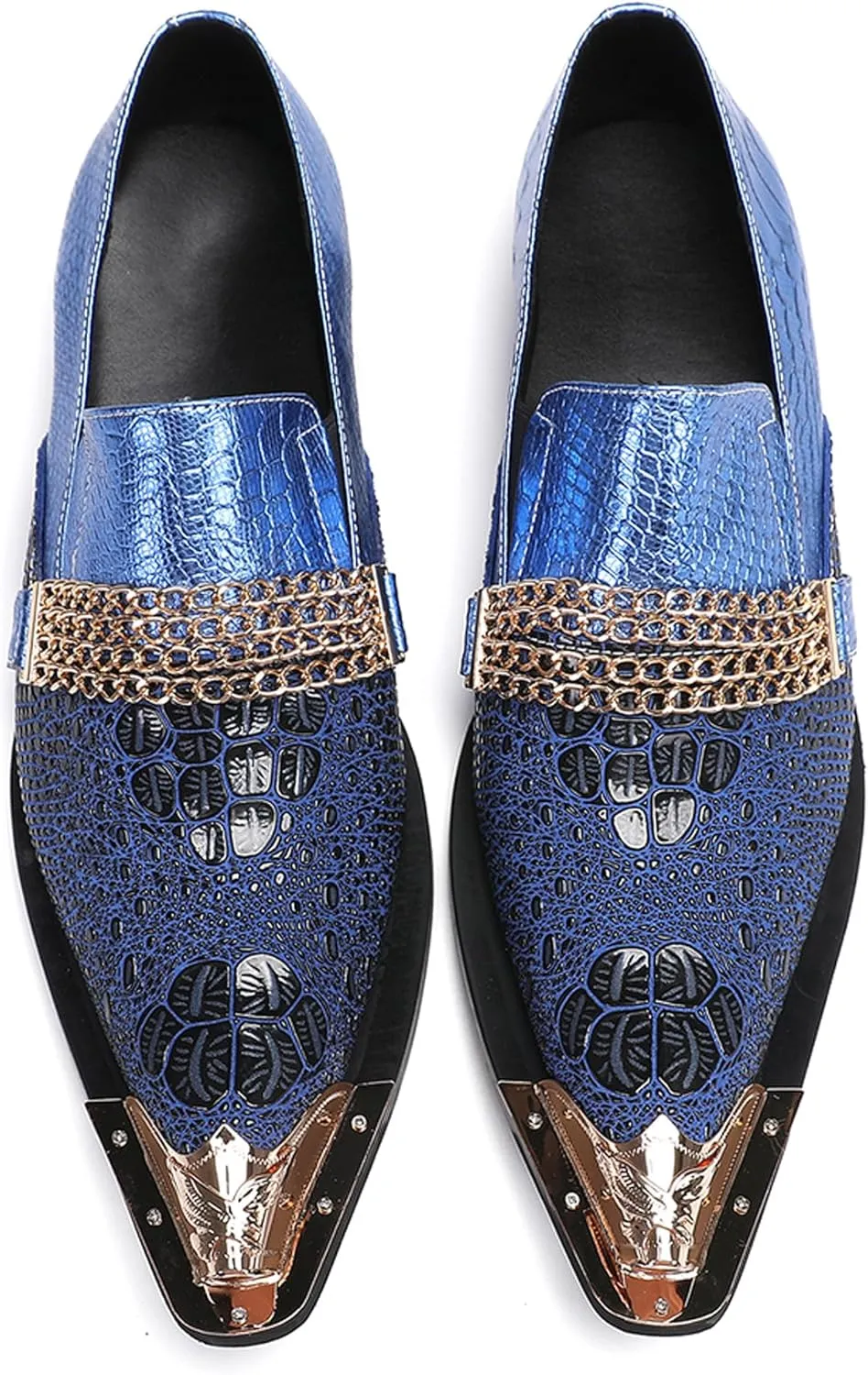 Men's Dress Loafers, Leather Slip-On Gold Chain Sparkling Shoes for Men -Party Disco Wedding Metallic Tip Smoking Slippers