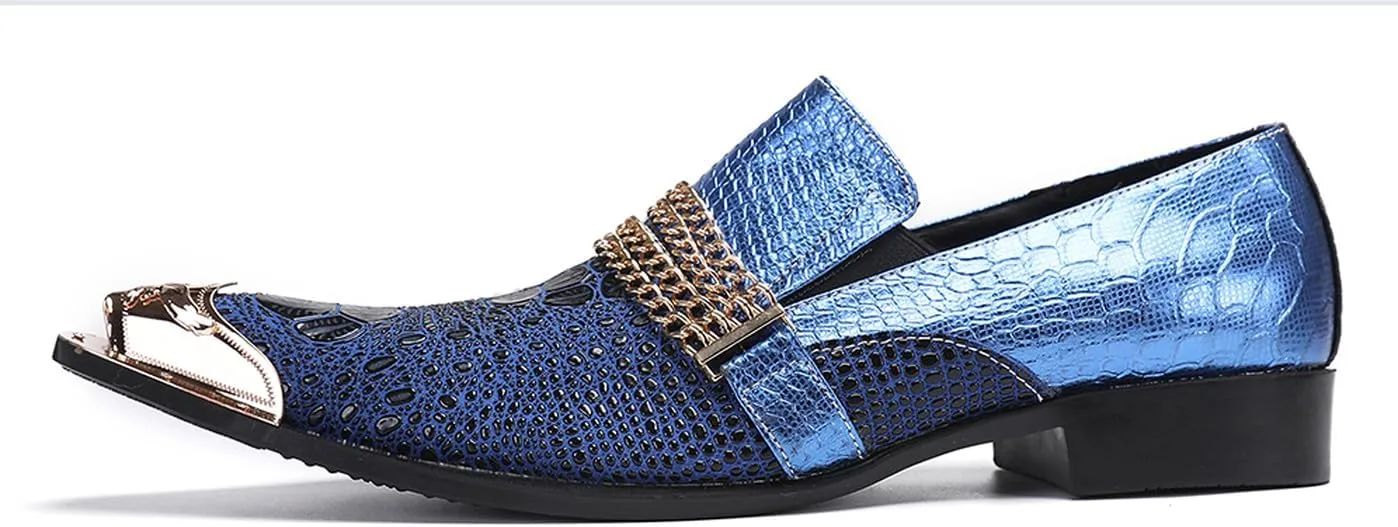 Men's Dress Loafers, Leather Slip-On Gold Chain Sparkling Shoes for Men -Party Disco Wedding Metallic Tip Smoking Slippers