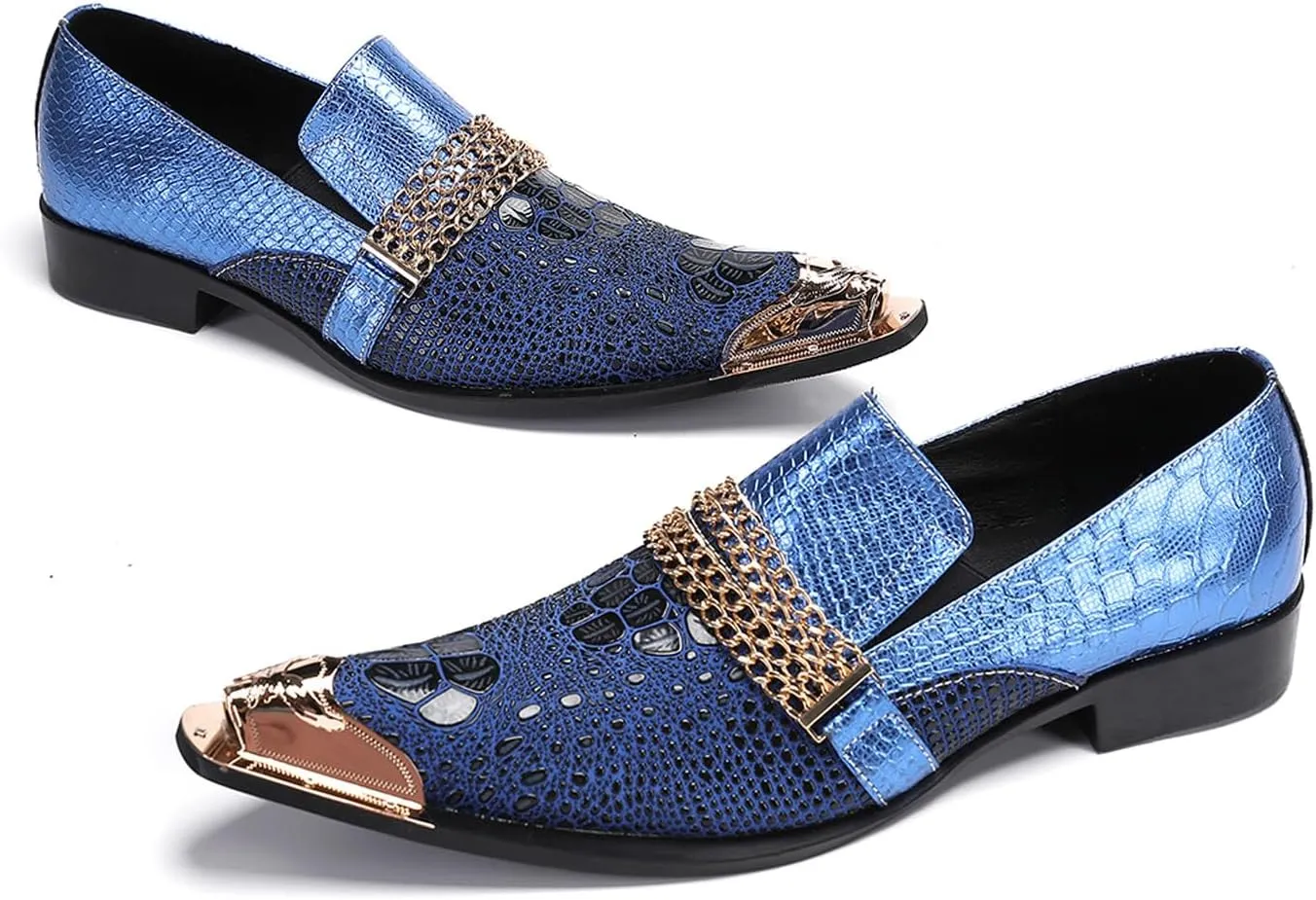 Men's Dress Loafers, Leather Slip-On Gold Chain Sparkling Shoes for Men -Party Disco Wedding Metallic Tip Smoking Slippers