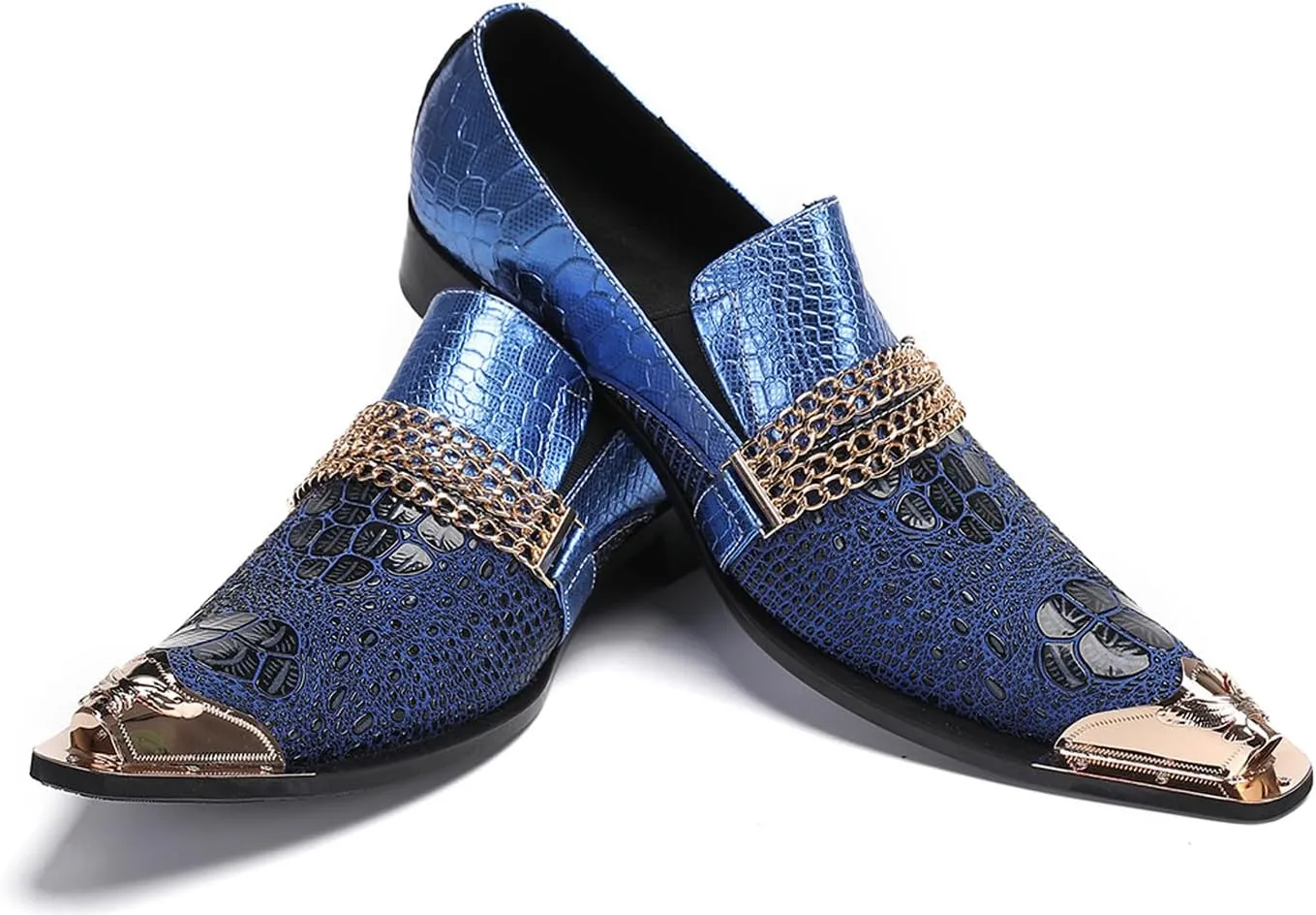 Men's Dress Loafers, Leather Slip-On Gold Chain Sparkling Shoes for Men -Party Disco Wedding Metallic Tip Smoking Slippers