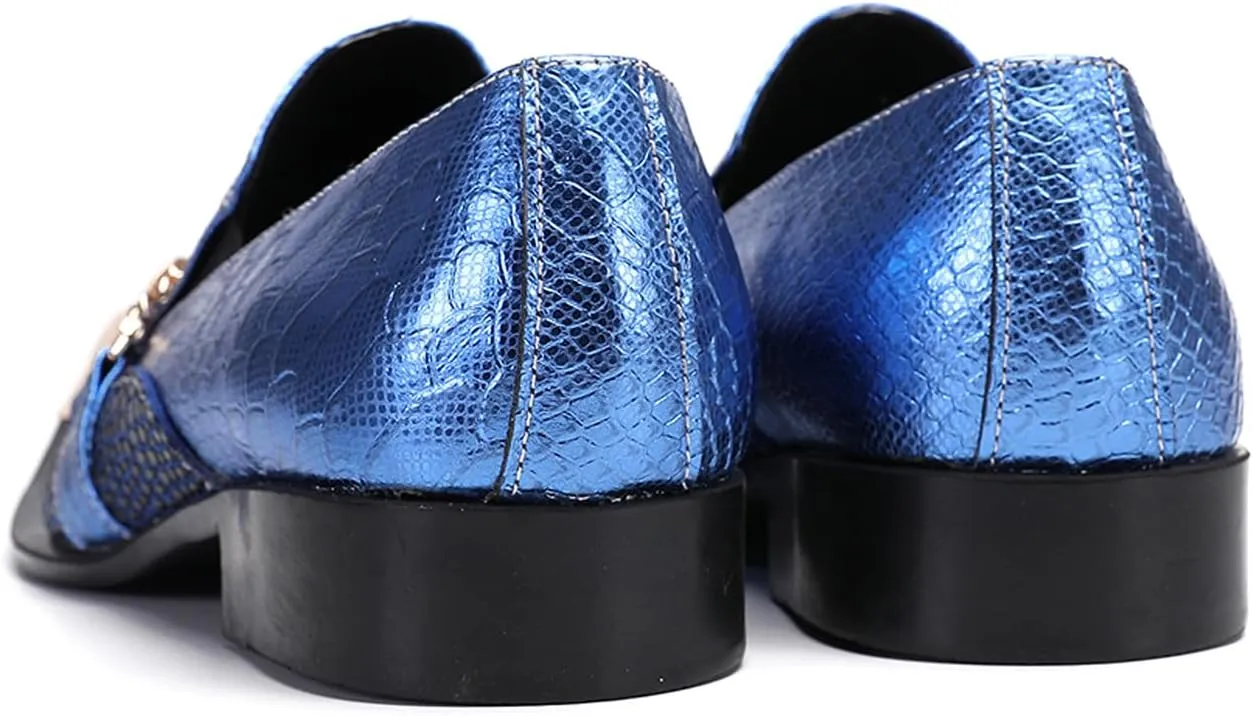 Men's Dress Loafers, Leather Slip-On Gold Chain Sparkling Shoes for Men -Party Disco Wedding Metallic Tip Smoking Slippers
