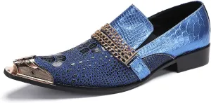 Men's Dress Loafers, Leather Slip-On Gold Chain Sparkling Shoes for Men -Party Disco Wedding Metallic Tip Smoking Slippers