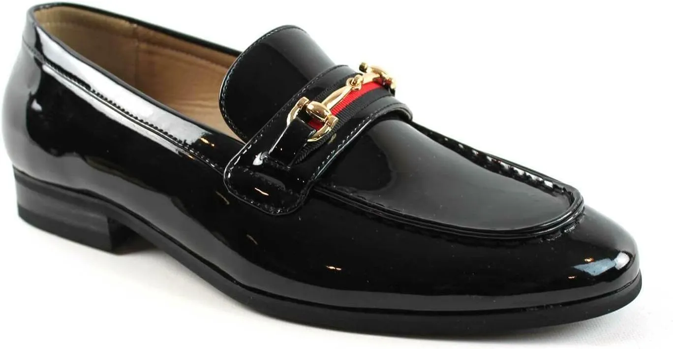 Men's Dress Shoes Patent Black Loafer with Gold Buckle Slip On Formal Modern Classic