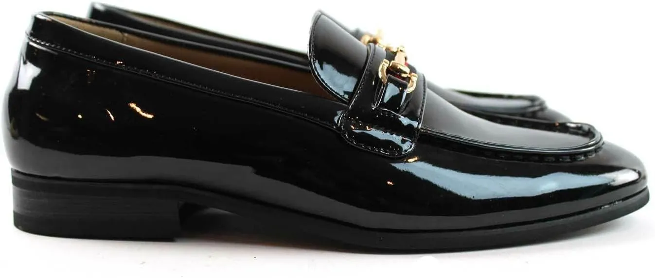 Men's Dress Shoes Patent Black Loafer with Gold Buckle Slip On Formal Modern Classic