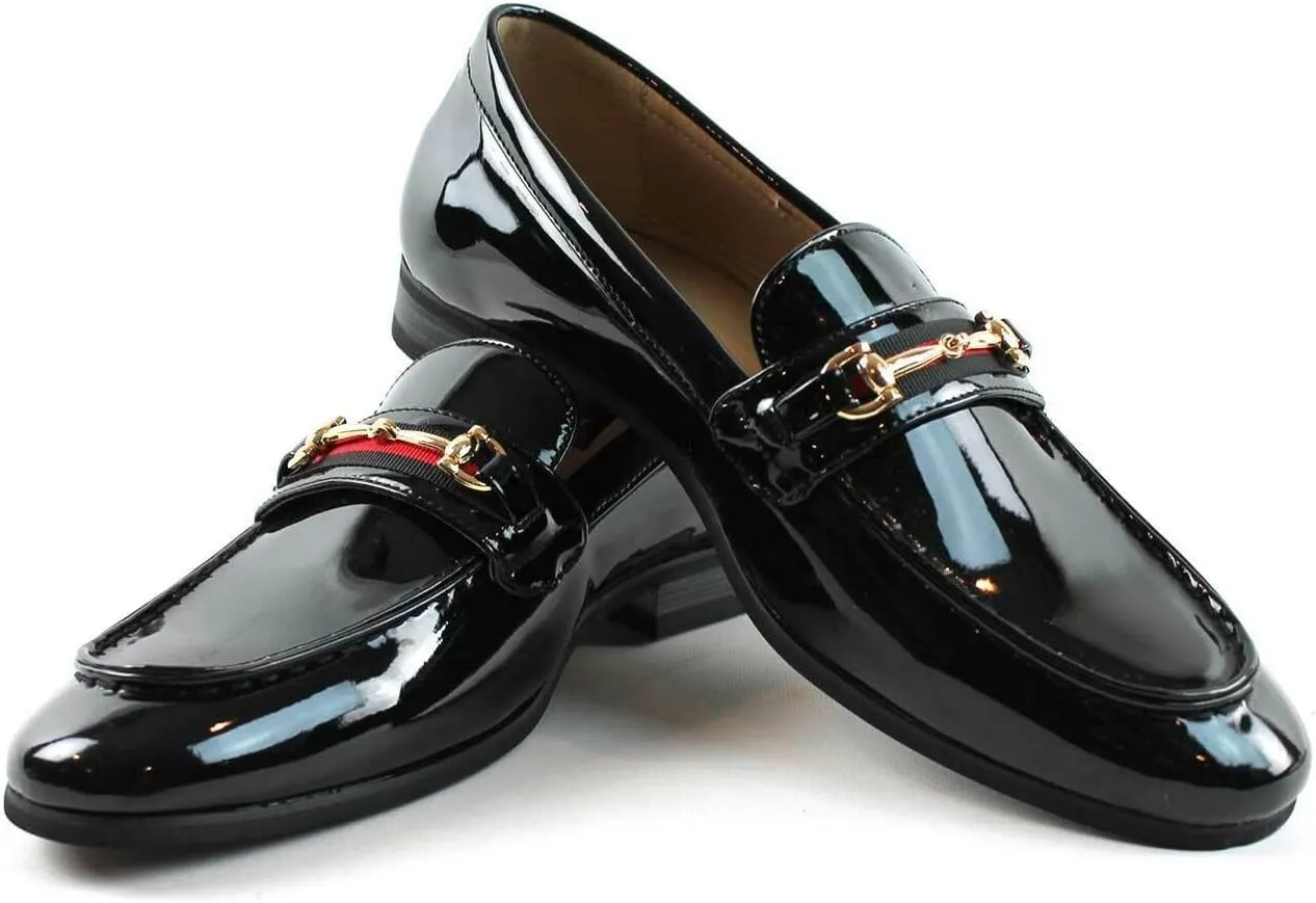 Men's Dress Shoes Patent Black Loafer with Gold Buckle Slip On Formal Modern Classic