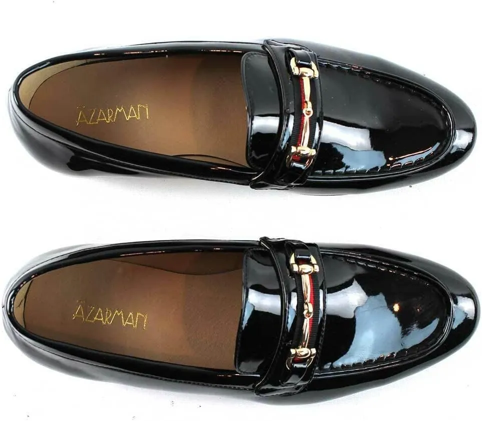 Men's Dress Shoes Patent Black Loafer with Gold Buckle Slip On Formal Modern Classic