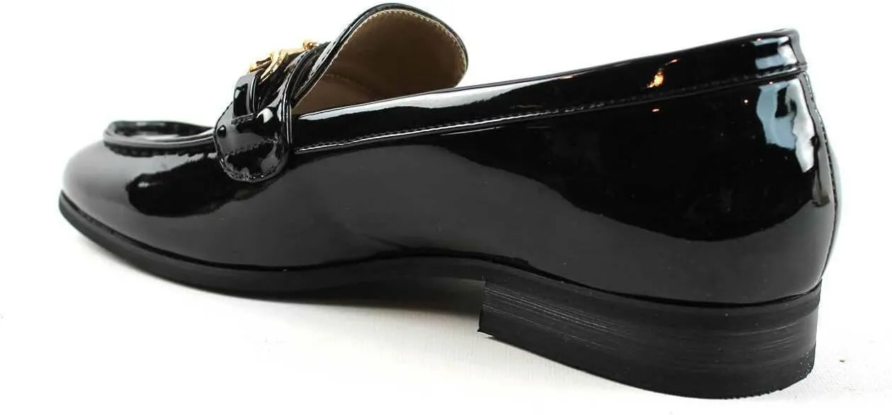 Men's Dress Shoes Patent Black Loafer with Gold Buckle Slip On Formal Modern Classic