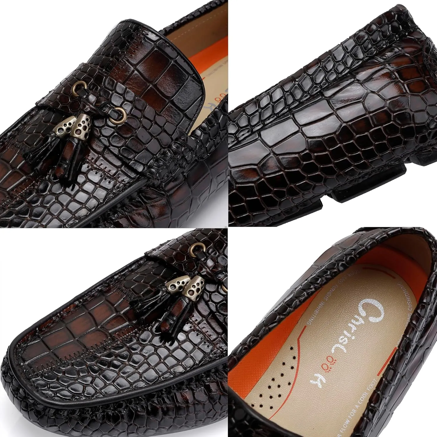 Men's Dress Shoes with Tassel, Classic Leather Crocodile Pattern Driving Shoes for Men